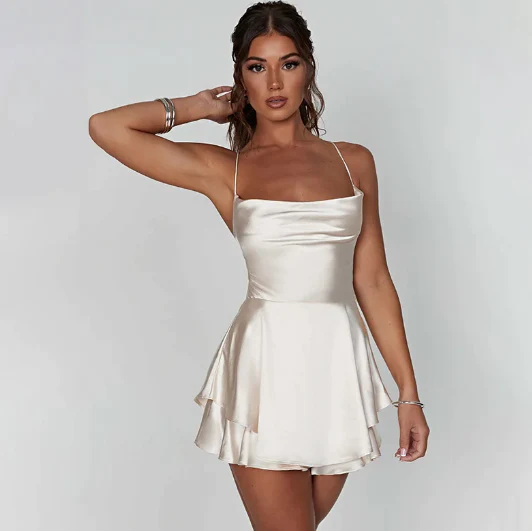 ANASTACIA BACKLESS SATIN ROMPER DRESS